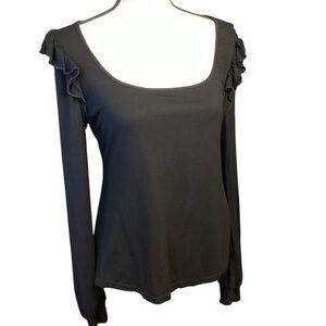 Ribbed Knit‎ Black Ruffle Shoulder Balloon Long Sleeve Square Neck Top